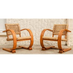 Pair Of Beech And Rope Armchairs, Audoux Minet Vibo Vesoul Design