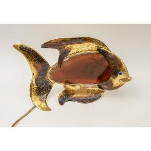Brutalist Fish-shaped Lamp In Welded Brass And Agate Signed Philippe Lambert