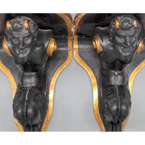 Pair Of Wall Consoles Called Aux Faunes - Gilded Wood And Polychrome (stucco Or Plaster) - 19th Century