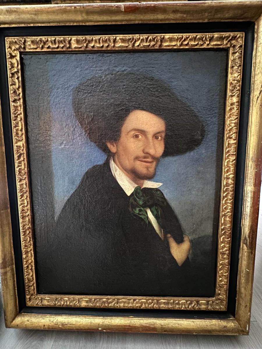 Intrigante dipinto ad olio su tela, raffigurante il ritratto di un artista-photo-2