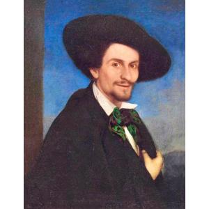 Intrigante dipinto ad olio su tela, raffigurante il ritratto di un artista