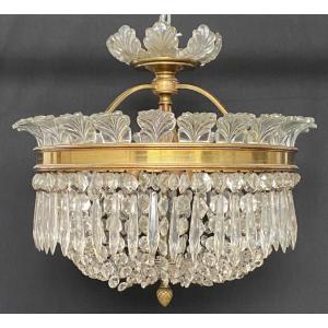 Beautiful Chandelier With Palmettes Attributed To Baccarat Crystal And Bronze