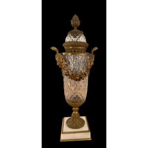 Large Baccarat Crystal Potpourri Vase In Gilt Bronze And White Marble, 19th Century
