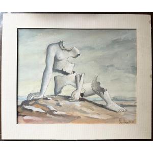 Surrealist Gouache Signed Pierre Marrast Dated 1938
