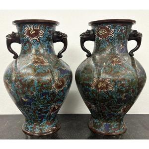 China 19th Century Large Pair Of Signed Polylobed Bronze Cloisonné Vases