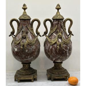 Large Pair Of Bronze And Marble Cassolettes, Napoleon III Period