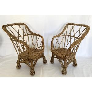 Pair Of Antique Wicker And Wood Doll Armchairs