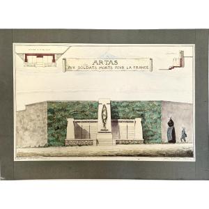 Large Watercolor Drawing By Architect Paul Bresse Circa 1920 For The War Memorial In Artas