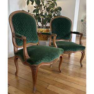 Pair Of Louis XV Style Armchairs With Queen Backs, 19th Century Parisian Work, Damask Velvet