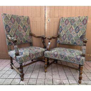 Pair Of 19th Century Neo-renaissance Armchairs In Walnut And Tapestry