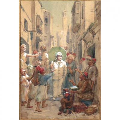 Beautiful Watercolor Orientalist Nineteenth Monogrammed Eb