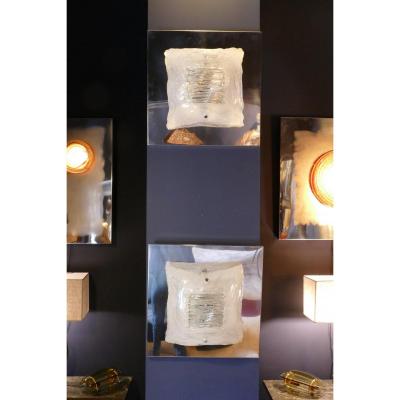 Pair Of Large Luminous Wall Lamps In Murano Design Angelo Brotto For Esperia Time 70