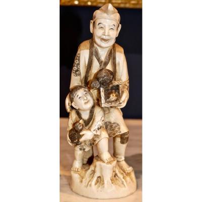 Okimono In Japanese Ivory Signed Meiji Period The Bird Merchant