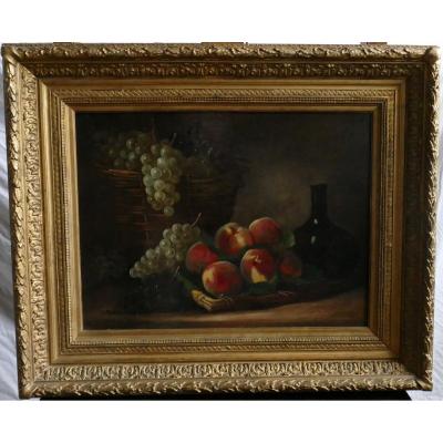 Beautiful Still Life Painting With Peaches And Grapes Signed Philippe Rousseau Around 1850