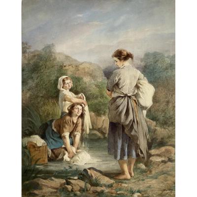 Beautiful Large Watercolor Signed By Théophile Adolphe Midy Around 1850