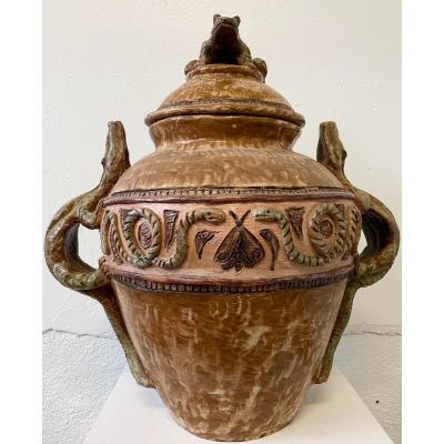 Céramique Monumentale Signée Par Thomas Frey époque 1970 Décor Crapaud Serpents Crocodiles