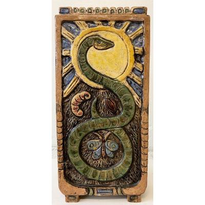 Large Ceramic Vase Signed By Thomas Frey Time 1975 Decor Stork Snake And Insects