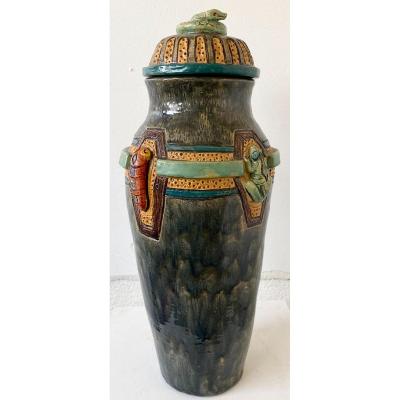 Large Ceramic Covered Vase Signed By Thomas Frey 1976 Time Snake And Insects Decor