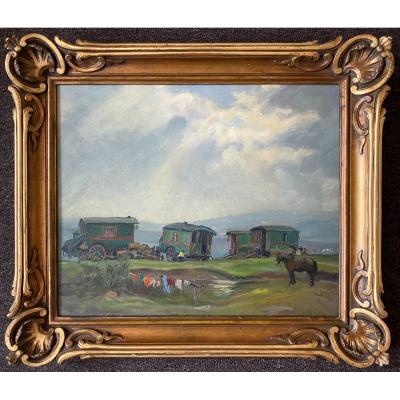 Beautiful Painting French School 1940 Representing A Gypsy Camp