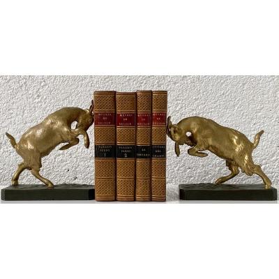 Pair Of 1930s Bookends With Ibex In Bronze With 2 Patinas