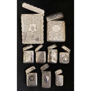 9 Sterling Silver Pyrogen Card Holders And Match Holders From London, Birmingham, France
