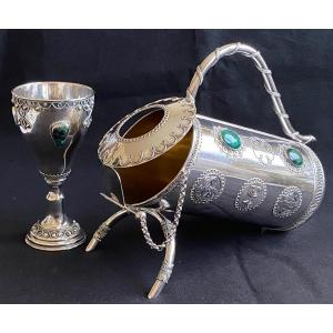 Judaica Porte-bouteille Argent Massif Avec Pierres d'Eilat Et Verre De Kiddouch Argent Massif  