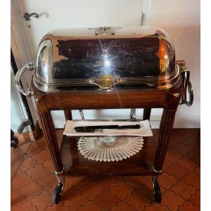 Hot Table, Mahogany And Silver Metal Rolling Cart L.bouillet-bourdelle Goldsmiths