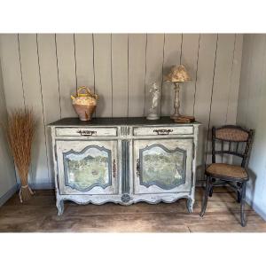 Louis XV Patina Buffet Dating From The 18th Century Magnificent Painting 