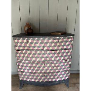 19th Century Chest Of Drawers With Cubic Motifs And A Rounded Front