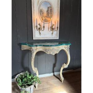 19th Century Carved Console Table With Beautiful Patina, Green Marble