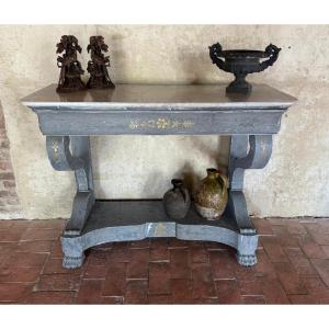 Console Dating From The 19th Century Empire Consulate With A Drawer, Patinated And Its Marble