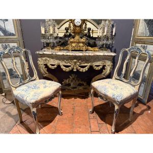 Pair Of Louis XV Chairs Dating From The 19th Century, Polychrome With A Beautiful Toile De Jouy 