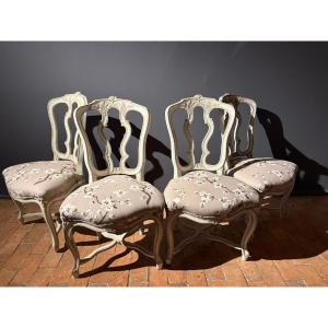Set Of 4 Louis XIV Chairs With Beautiful Patina And New Upholstery Dating From The End Of The 18th Century