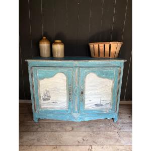 Louis XV Buffet Dating From The 18th Century, Beautiful Patina With Marine Painting
