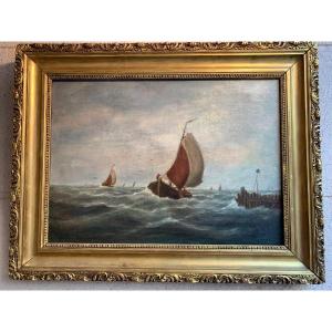 French School 19th Century, Boat In The Storm, Oil On Canvas