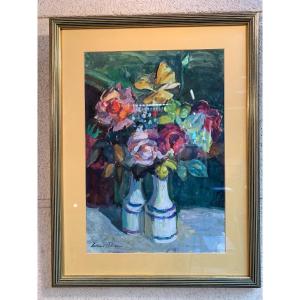 Gouache Still Life With Flowers By Louis Riou