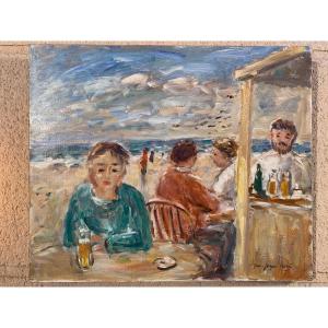 Jean Jacques René, The Terrace On The Beach, Oil Suu Canvas.