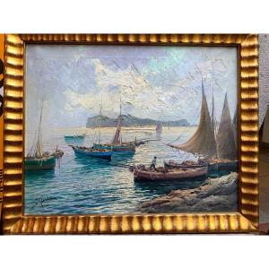 Italo Giordano, Oil On Canvas, Marine, View Of Ischia