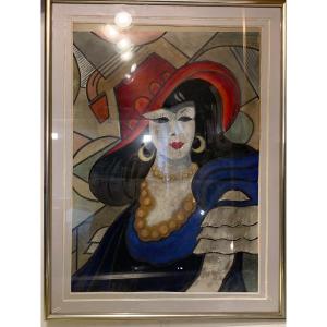 Hugo Scheiber, Woman With A Hat, Gouache.