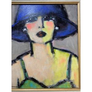 Oil On Canvas By Daniel Timmers, Woman In A Blue Hat 
