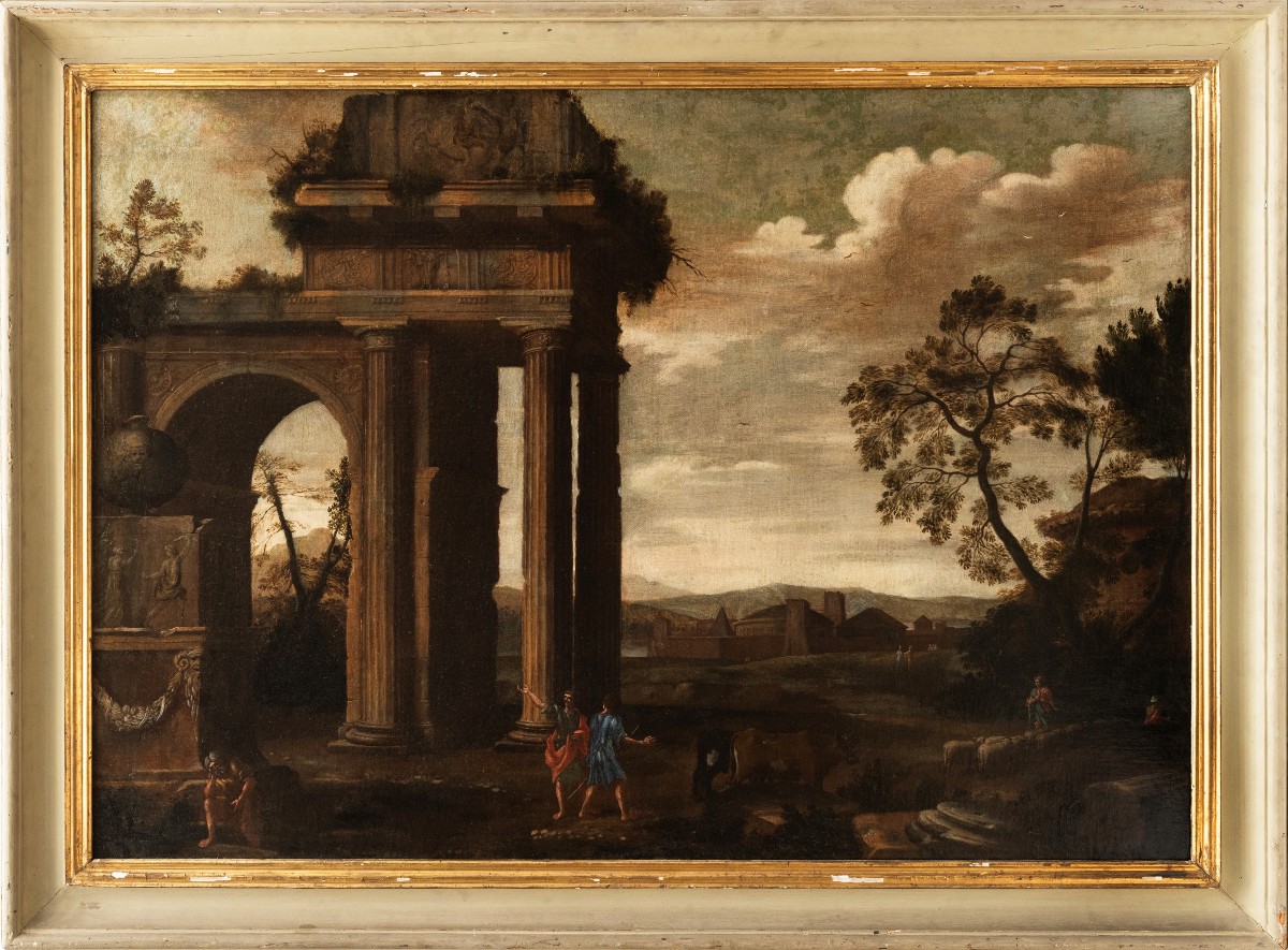 Pittore attivo a Roma nel XVII secolo. Coppia di Architetture.-photo-2