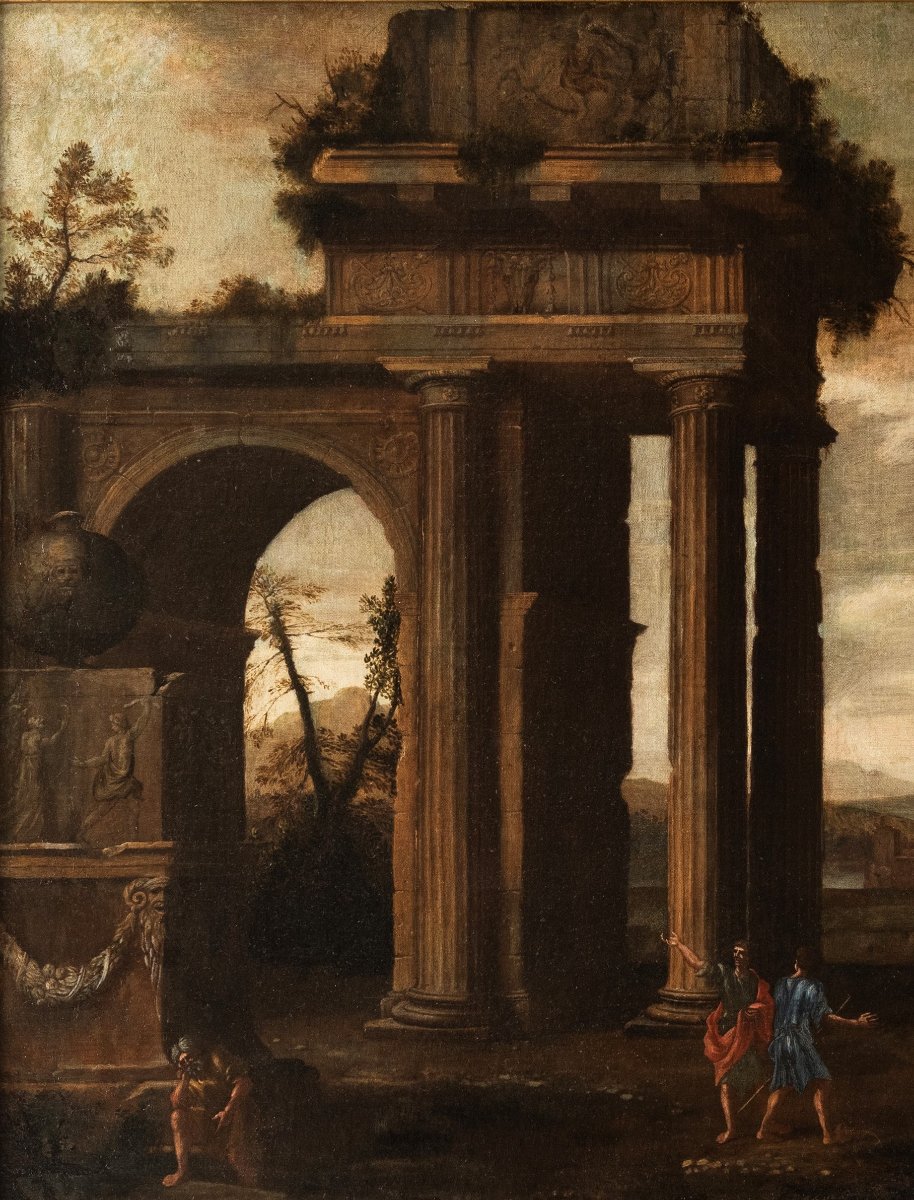 Pittore attivo a Roma nel XVII secolo. Coppia di Architetture.-photo-1