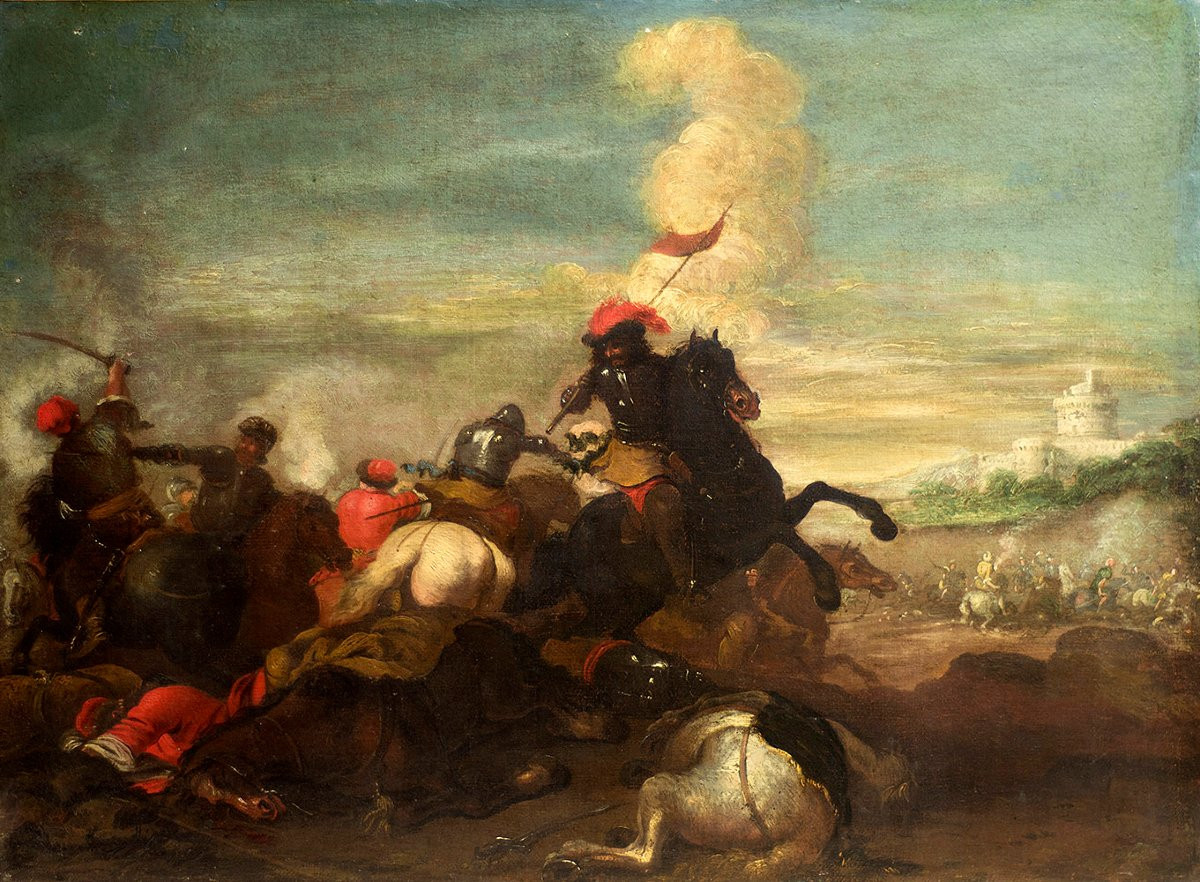 Pittore del XVIII secolo. Battaglia tra cavallerie-photo-2