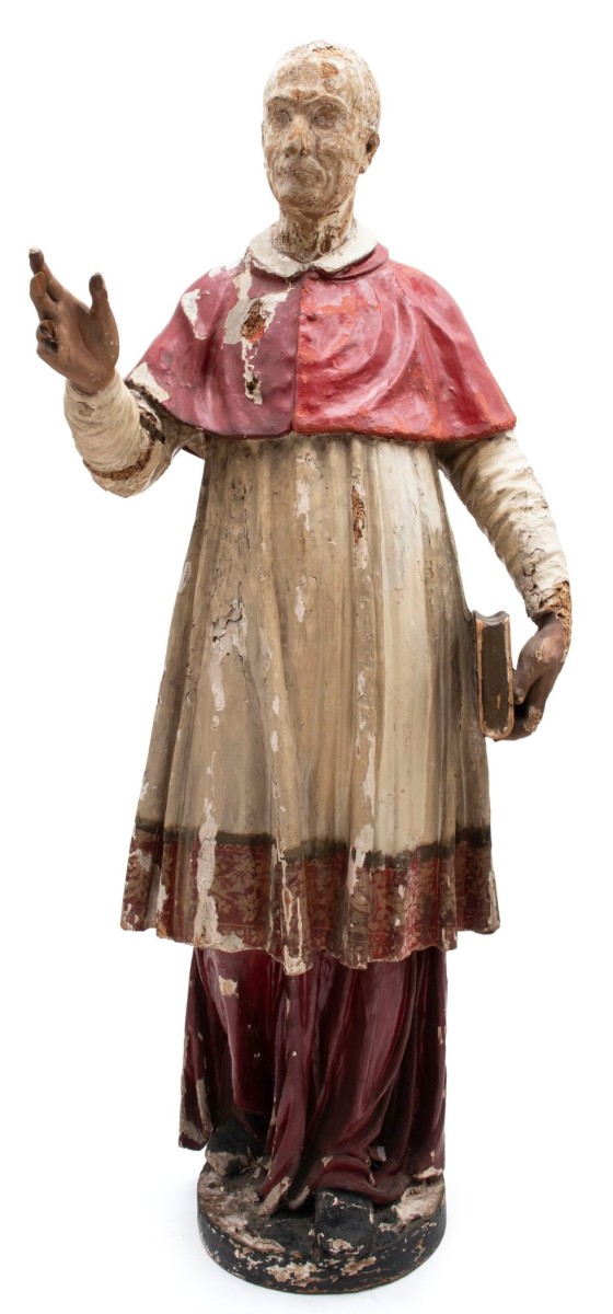 Manifattura lombarda del XVII secolo. Scultura lignea a dimensione umana raffigurante Borromeo