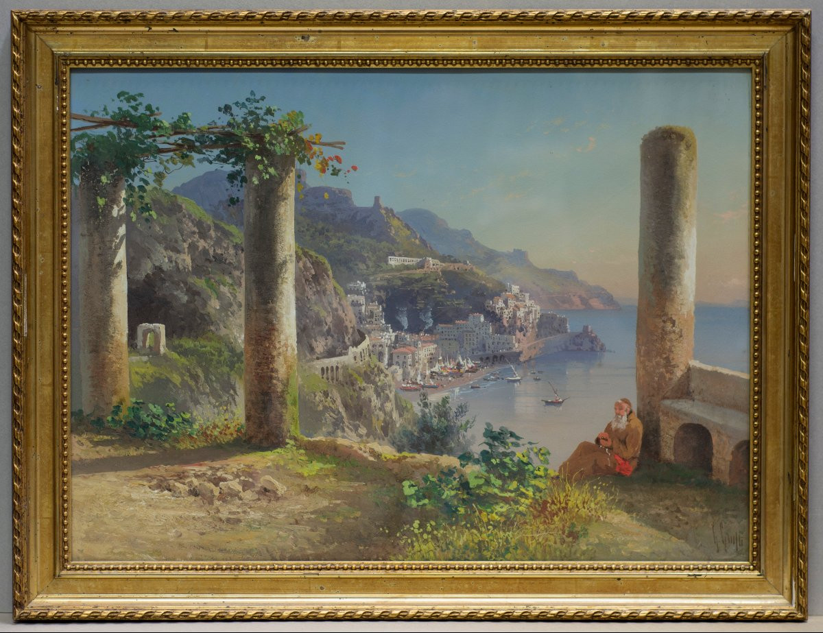 Guglielmo Giusti (Napoli 1824 - dopo il 1916). Veduta di Amalfi dal convento dei Cappuccini. -photo-2