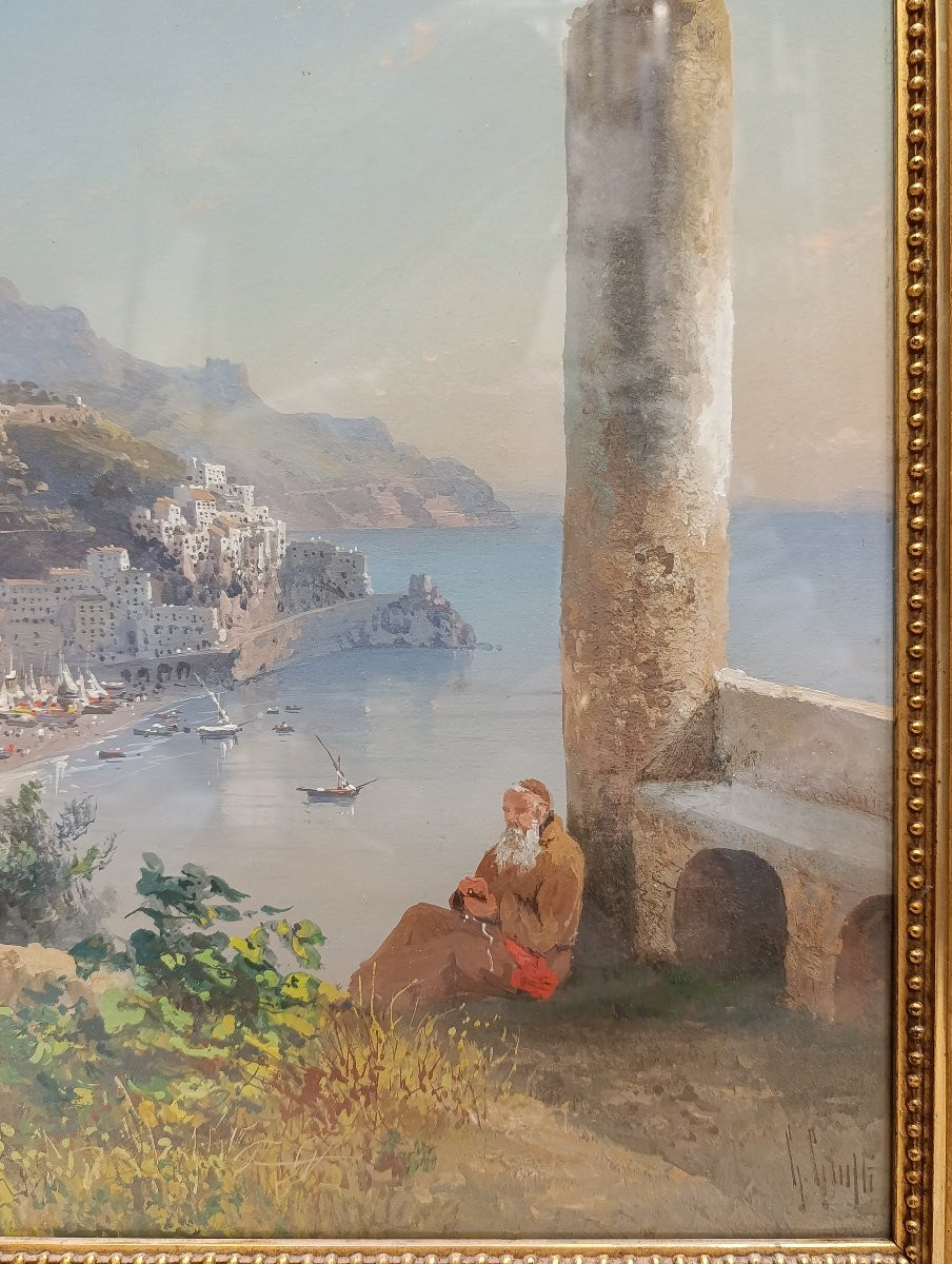 Guglielmo Giusti (Napoli 1824 - dopo il 1916). Veduta di Amalfi dal convento dei Cappuccini. -photo-1