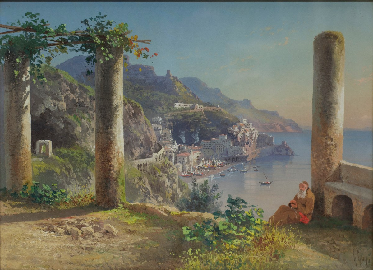 Guglielmo Giusti (Napoli 1824 - dopo il 1916). Veduta di Amalfi dal convento dei Cappuccini. 