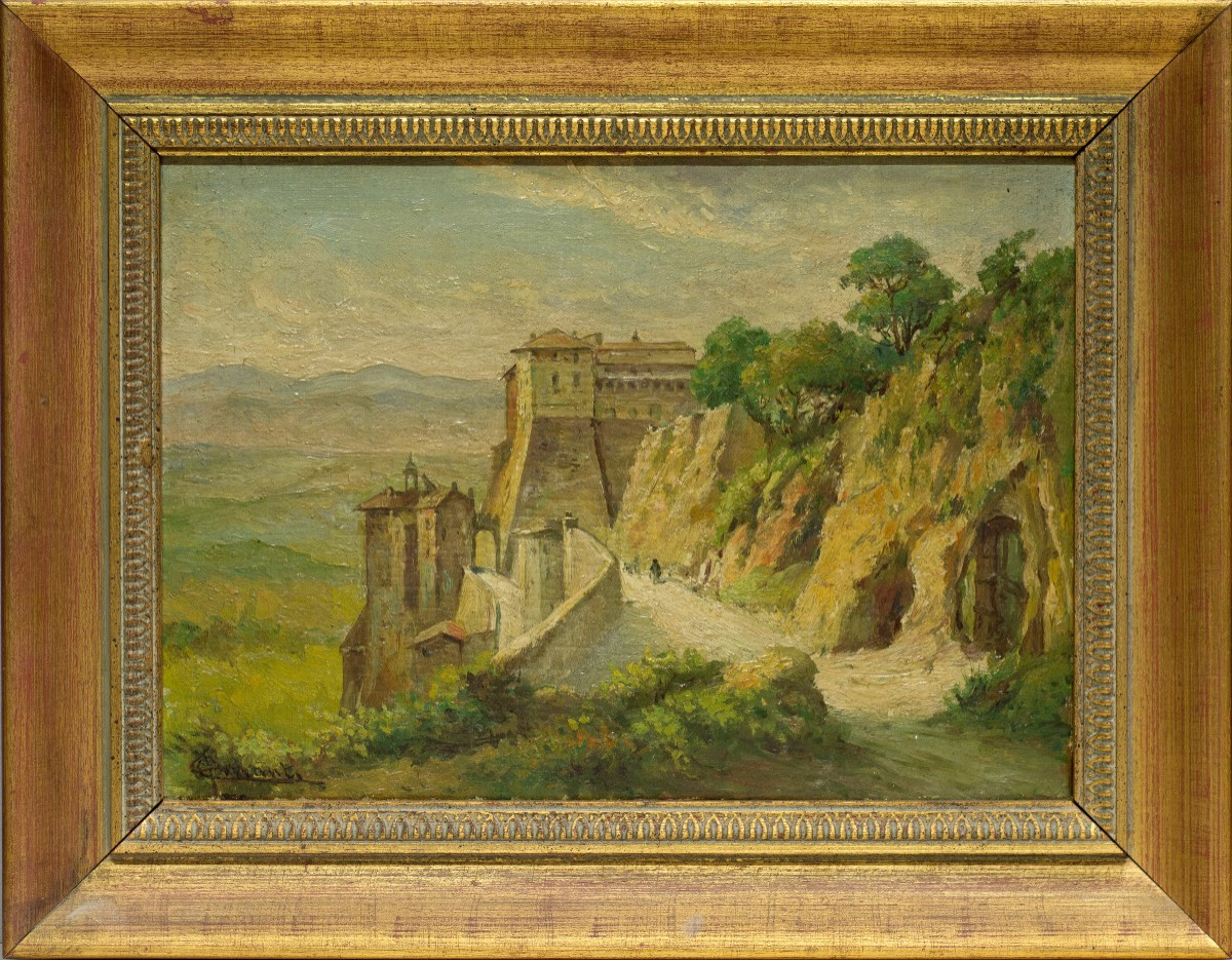 Carlo Ferranti (Roma, 1840-1908). Veduta di Genazzano con il palazzo Colonna