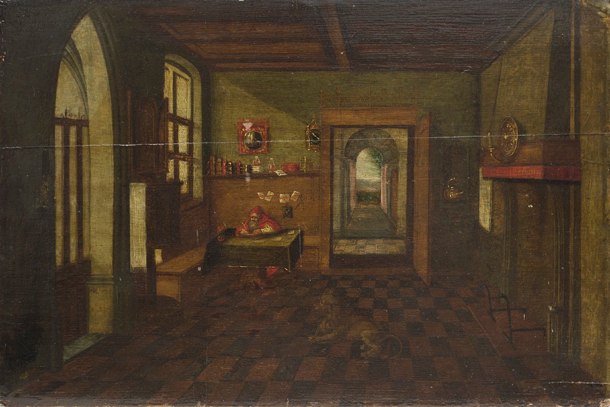 Attr. a Hendrik van Steenwijk II (Anversa, 1580-1649). Interno con San Girolamo