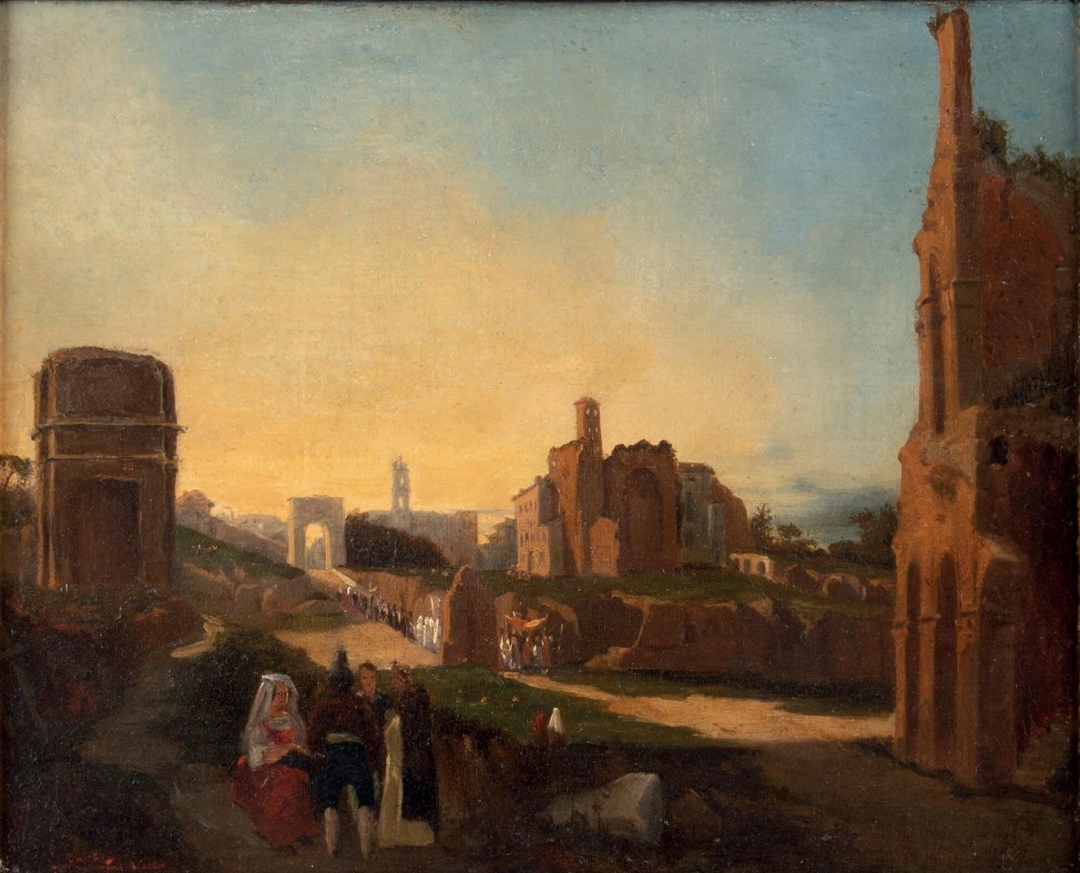 Pittore francese attivo a Roma nel XIX secolo. Veduta del Palatino nei pressi della 'Meta sudan-photo-2